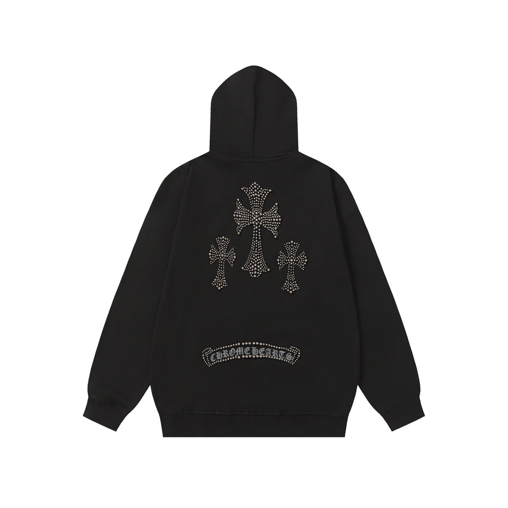 Rhinestone Cross Hoodie - Black Gothic Streetwear Sweatshirt 2633
