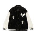 Faux Fur Cross Varsity Jacket - Black White Gothic Streetwear 035