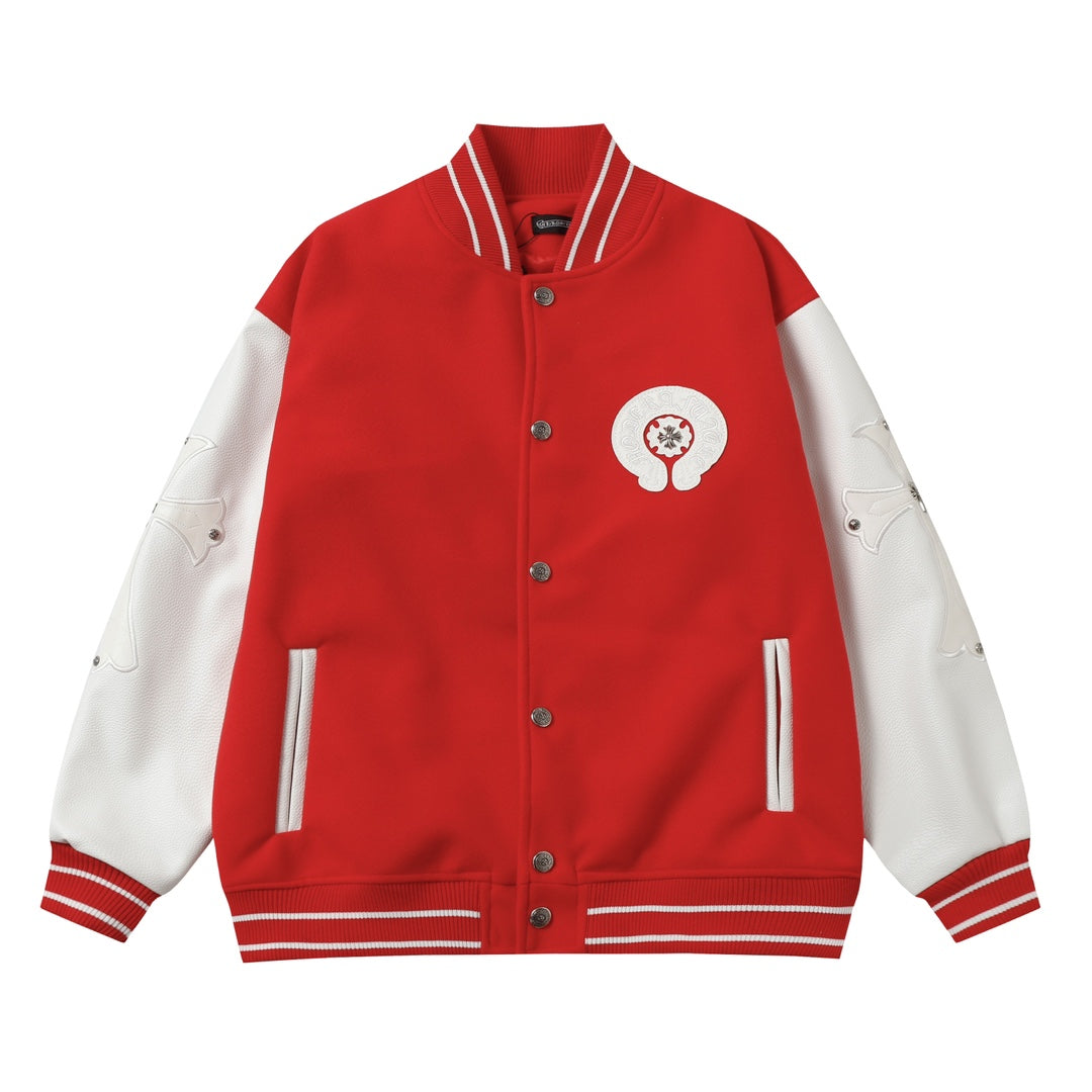Red Cross Varsity Jacket - White Sleeve Gothic Street Baseball Coat D68